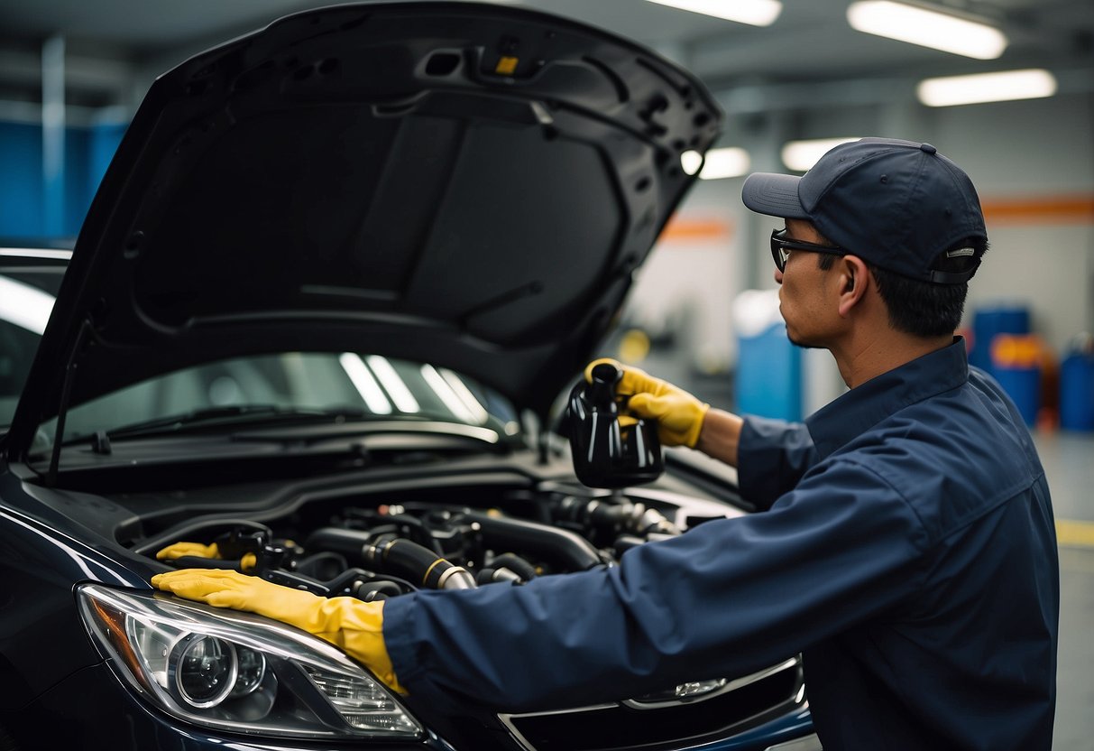 A mechanic in Singapore services a car, checking oil and changing the filters
