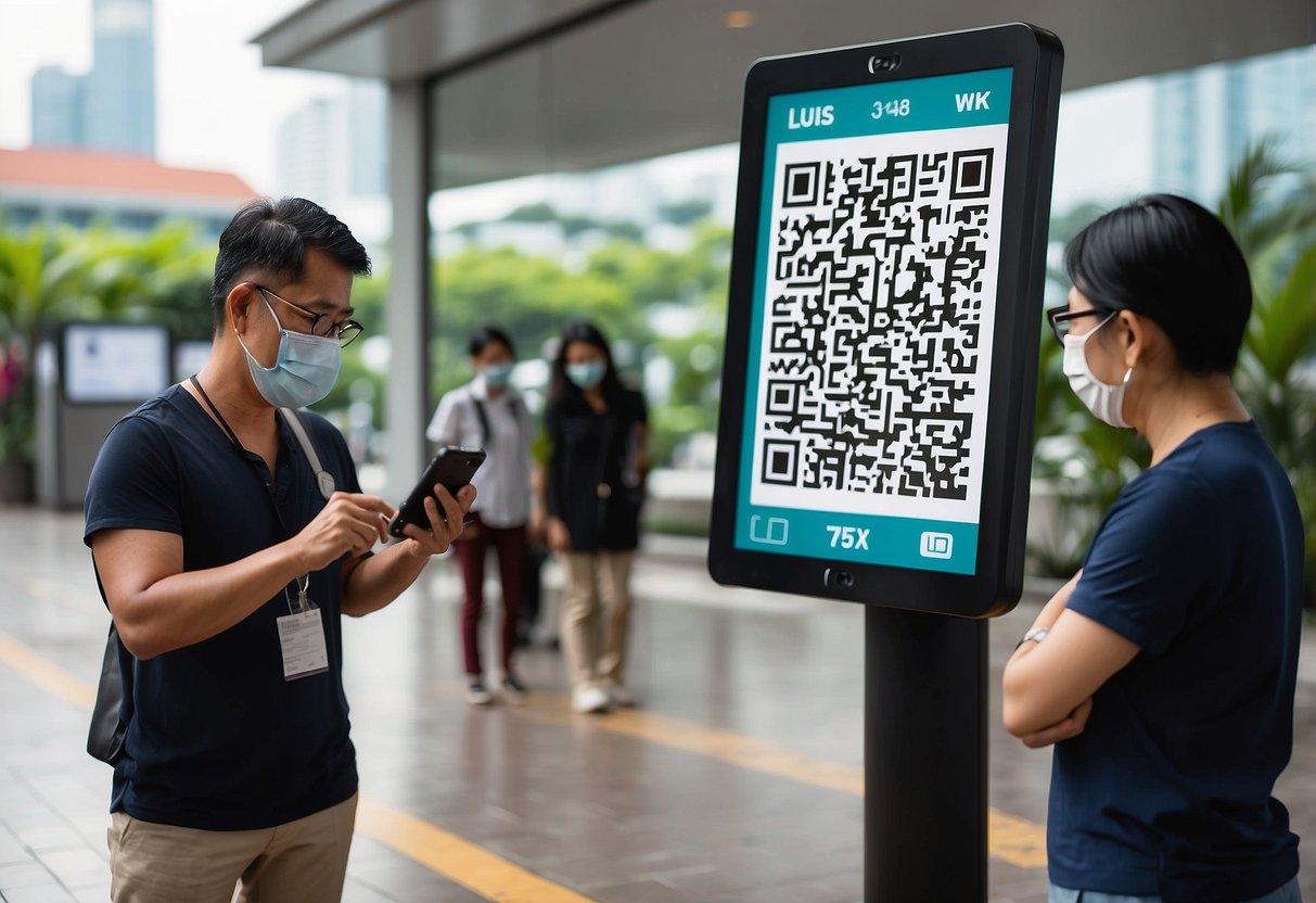 People scanning QR codes at Singapore's health declaration kiosks