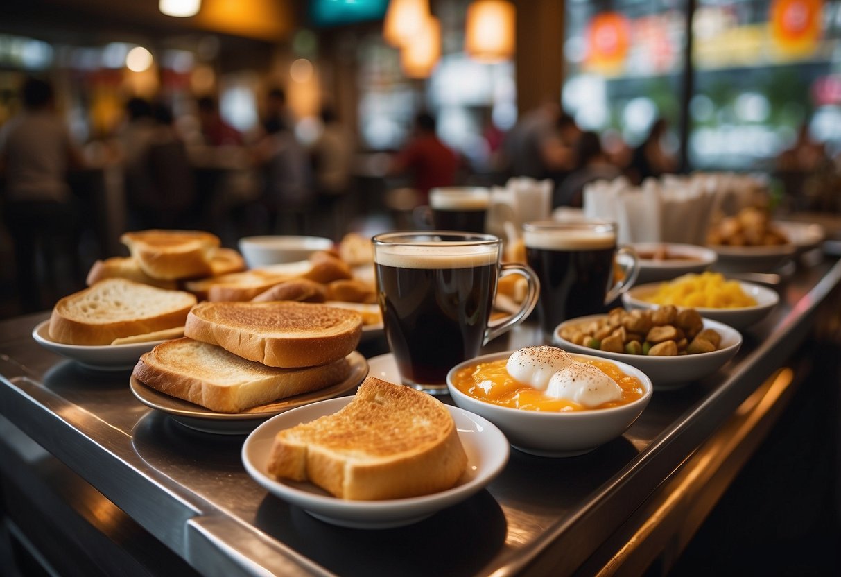 A bustling Singapore breakfast place with steaming kaya toast, fragrant coffee, and colorful displays of local dishes