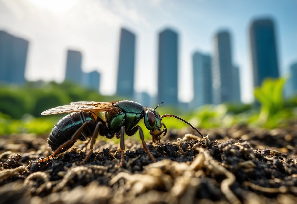 Black soldier fly larvae feeding on organic waste in a sustainable insect farm, with the Singapore skyline in the background