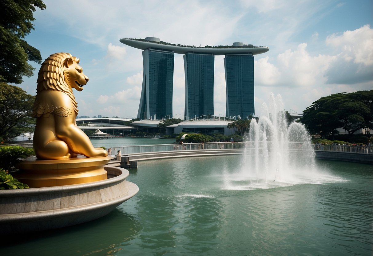 The iconic Marina Bay Sands standing tall against the city skyline, with the majestic Merlion statue spouting water in the foreground, and the futuristic Gardens by the Bay in the distance