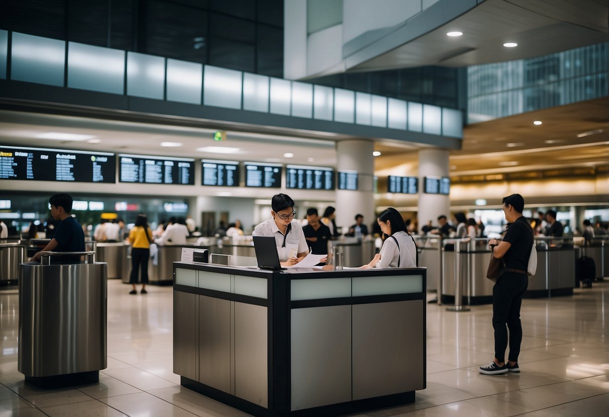 Travelers fill out health declaration forms at a Singapore airport counter. Staff check documents before allowing entry