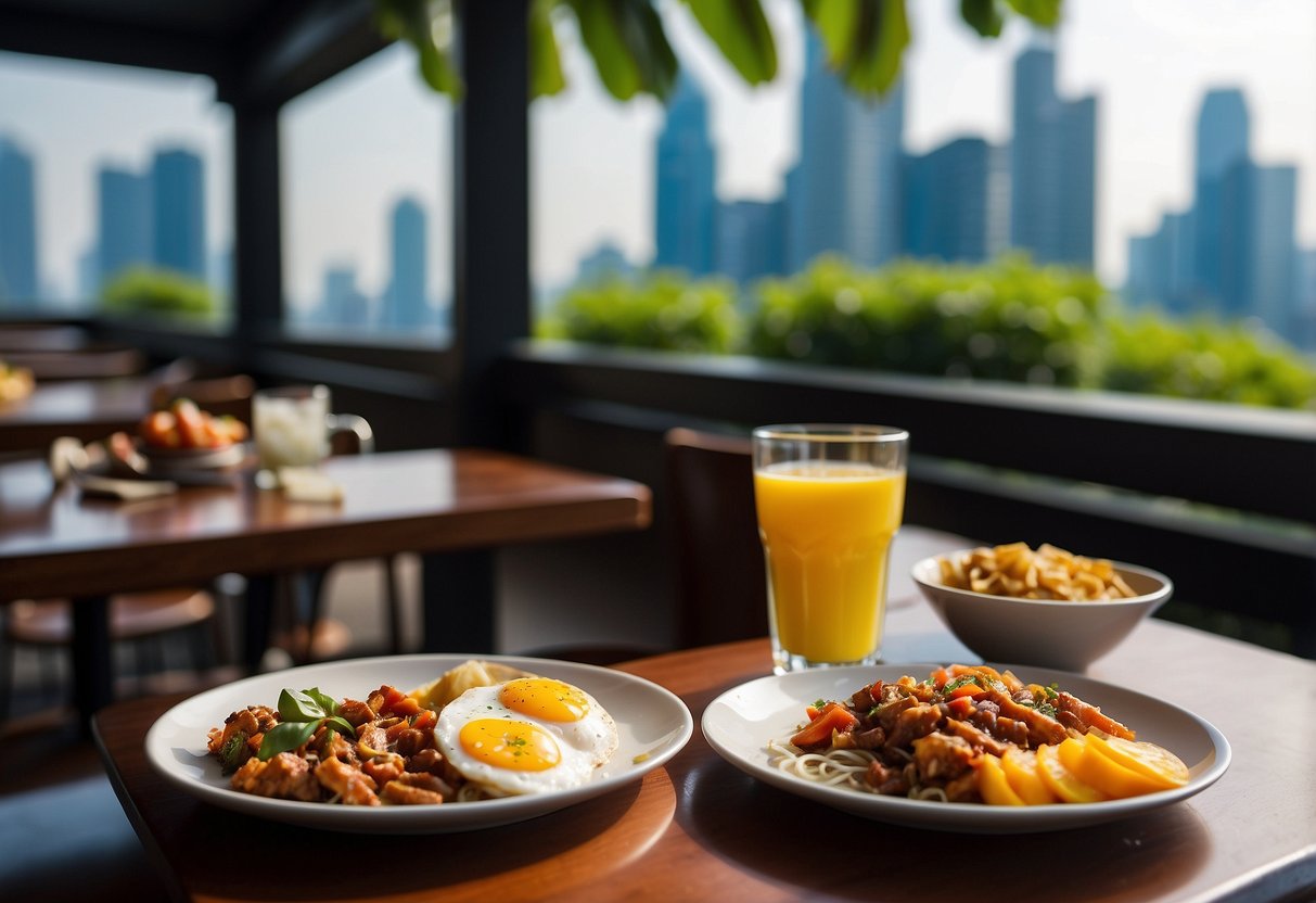 A bustling breakfast spot in Singapore, with colorful outdoor seating, steaming plates of local delicacies, and a view of the city skyline