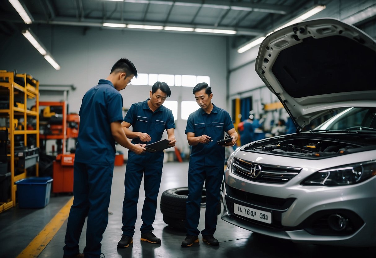 A mechanic in Singapore is inspecting a car's engine, while another technician is changing the oil and a third worker is checking the tire pressure. The garage is well-lit and organized, with various tools and equipment neatly arranged on the shelves