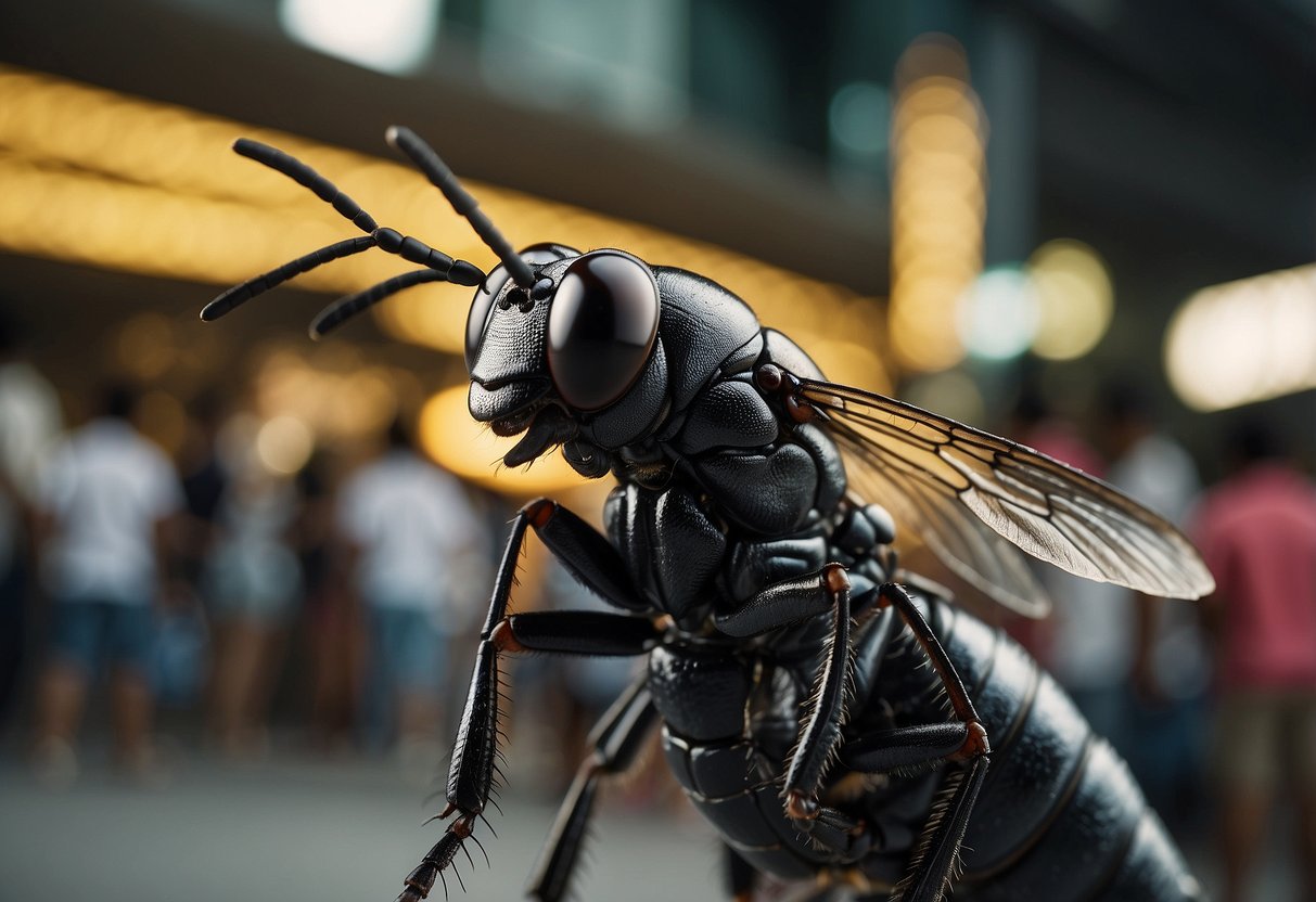 A black soldier fly surrounded by a group of people, with a sign that reads "Frequently Asked Questions" in Singapore