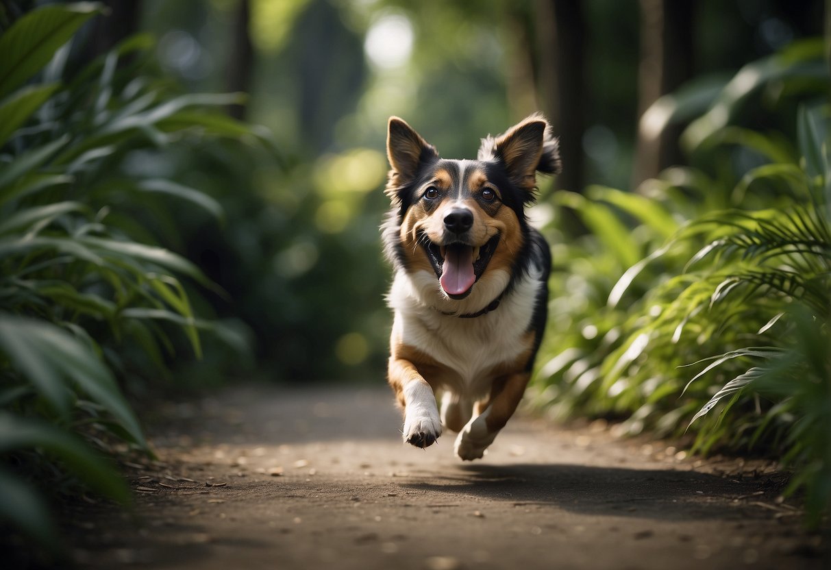 A Singapore special dog runs through lush greenery, with its tongue lolling out and tail wagging happily