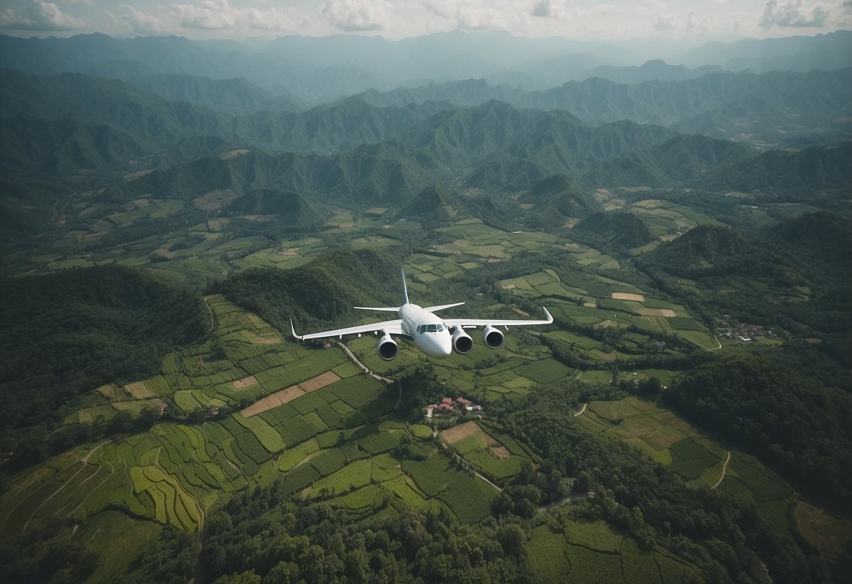 A plane flies over lush green landscapes from Singapore to Yogyakarta