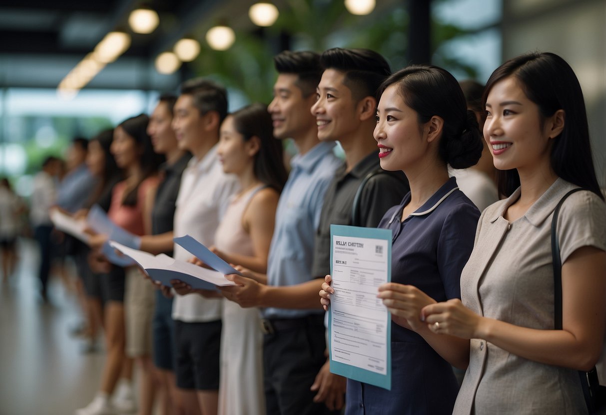 People lining up, holding health declaration forms, at a Singapore venue. Signs and staff guide the process