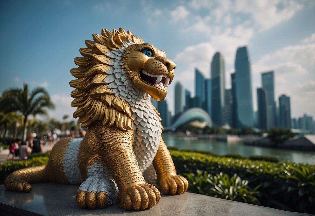 The iconic Marina Bay Sands, Gardens by the Bay, and the Merlion statue stand against the backdrop of the Singapore skyline