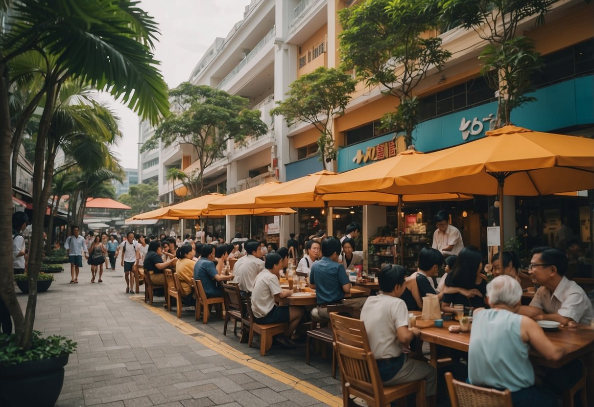 A bustling street in Singapore's Golden Mile Complex, lined with colorful shops and bustling with activity, showcasing the cultural and commercial significance of the area
