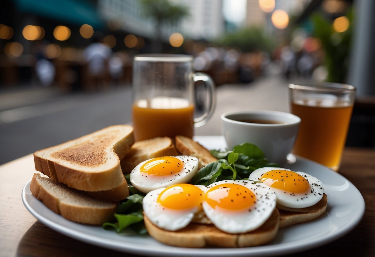 A table set with a variety of breakfast foods, including kaya toast, soft-boiled eggs, and kopi, with a bustling Singapore street in the background