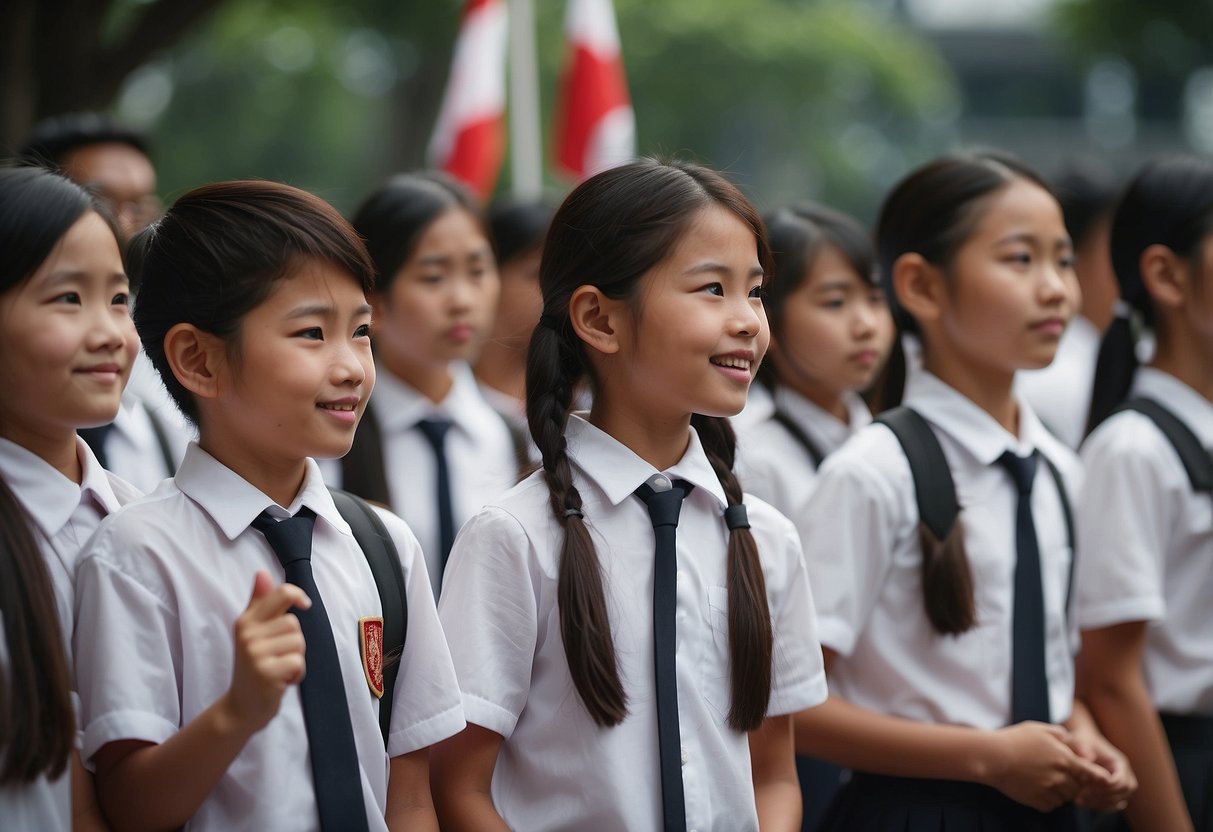 Students recite Singapore Pledge in Mandarin, symbolizing unity and national identity. Flags and school setting add historical context