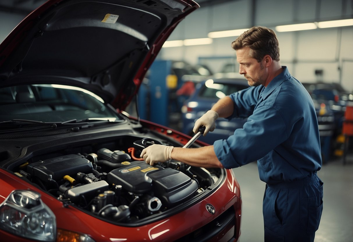 A mechanic holds a wrench while inspecting an open car hood. Oil, filters, and tools are scattered on the workbench. A computer screen displays diagnostic information