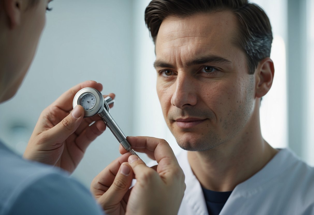 A dermatologist carefully removes a skin tag using a specialized tool in a clean and well-lit clinic setting