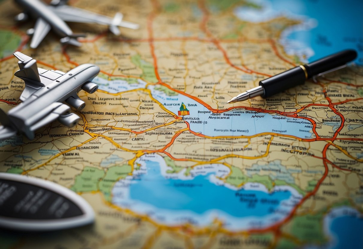 A map of Singapore and Yogyakarta with highlighted routes and landmarks, surrounded by travel essentials like a passport, plane tickets, and a guidebook