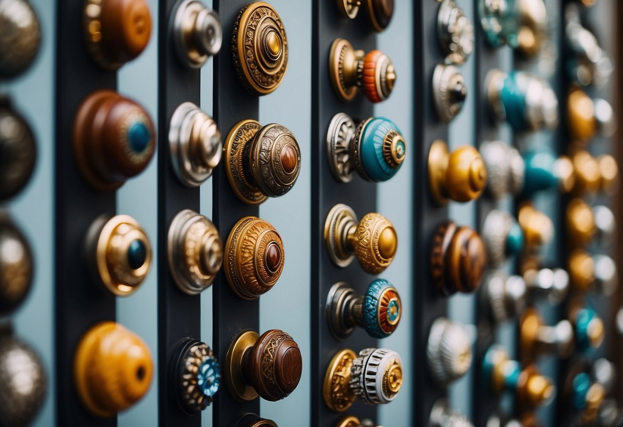 A variety of intricate and colorful door knob designs are displayed in a well-lit showroom in Singapore