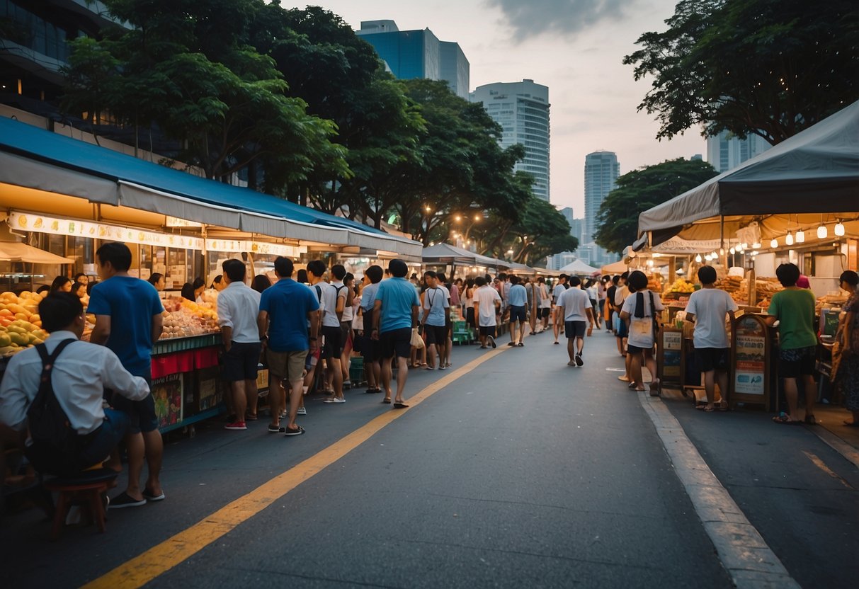 The bustling beach road outside Golden Mile Complex, Singapore, with people asking questions at various stalls and shops