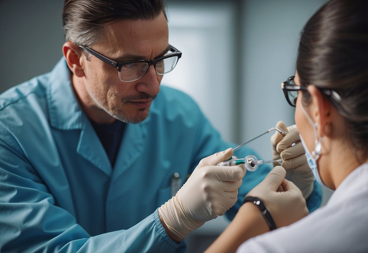 A dermatologist performing a skin tag removal procedure with specialized tools in a clinical setting