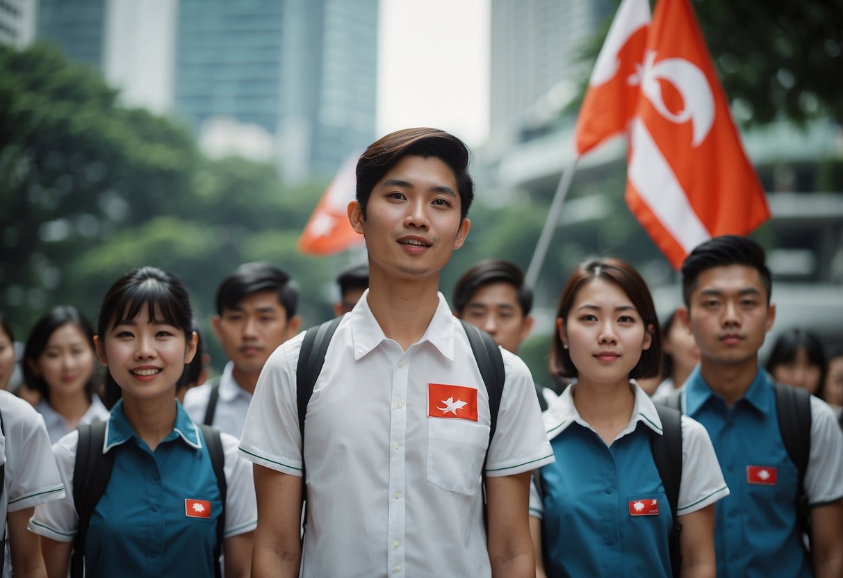 A group of students reciting the Singapore pledge in Mandarin, with the national flag in the background