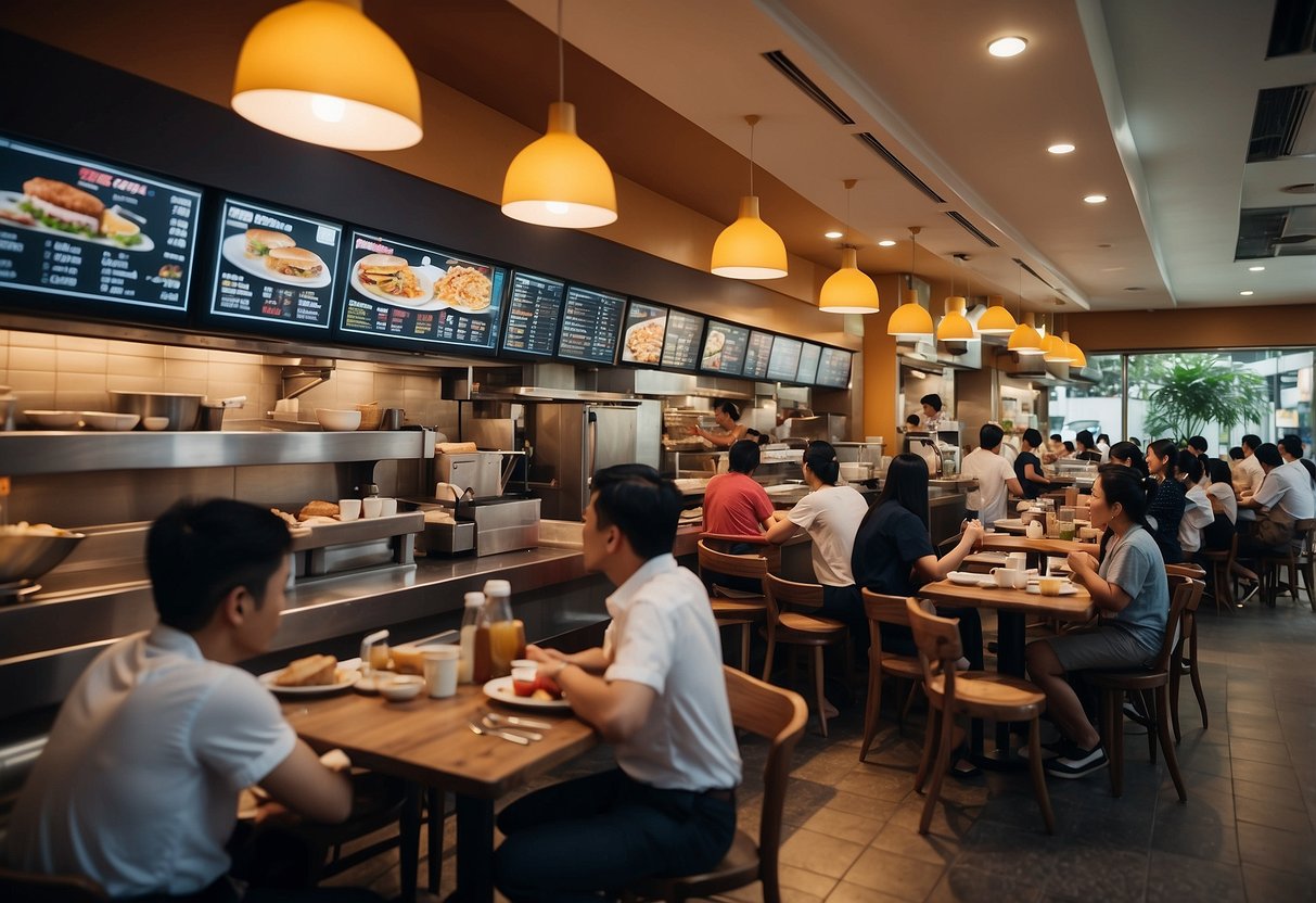 A bustling breakfast place in Singapore with a long queue of customers, colorful menu boards, and a chef cooking up delicious dishes