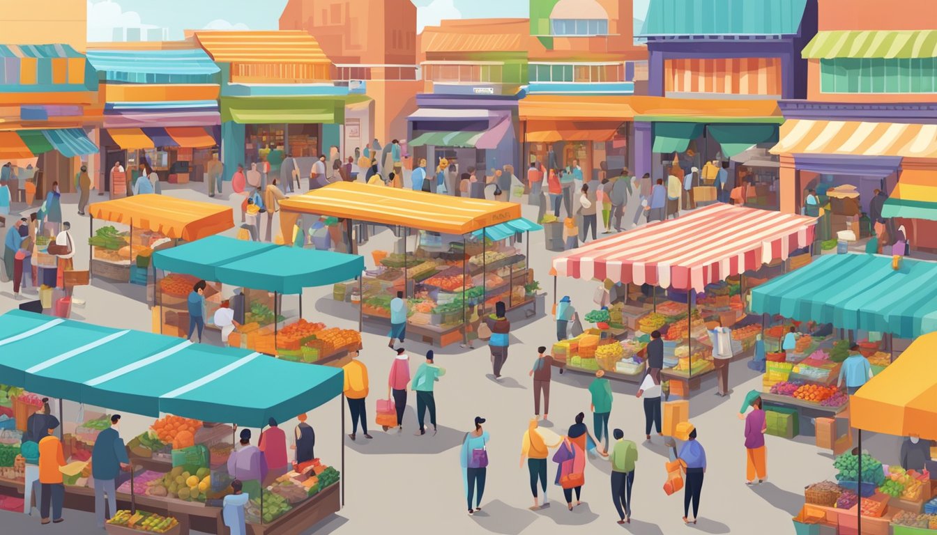 A bustling marketplace with colorful stalls, diverse products, and lively interactions among vendors and customers