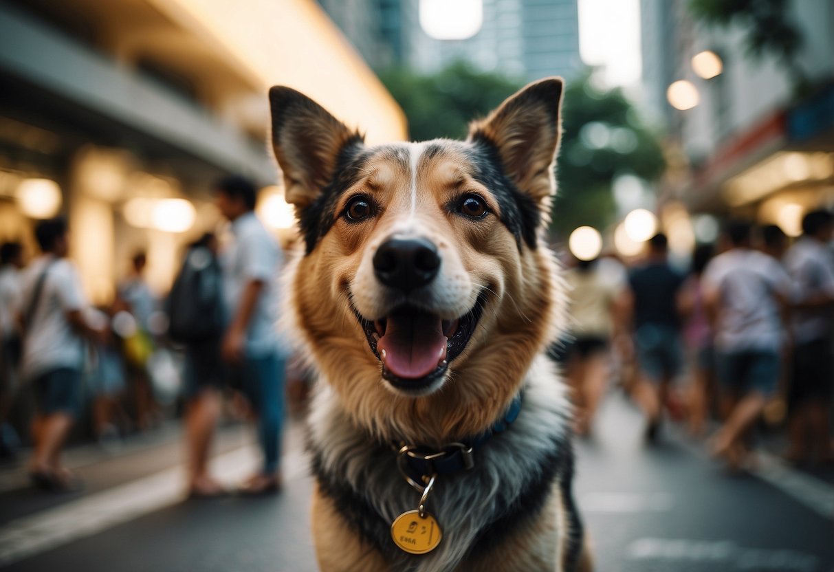 A happy dog surrounded by curious onlookers in a bustling Singapore street, with a sign reading "Frequently Asked Questions" in the background