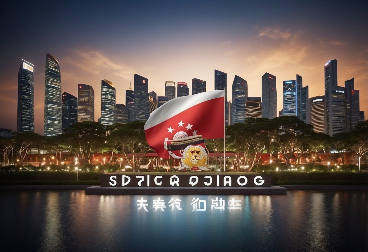 The Singapore pledge in Mandarin: Text displayed with the national flag in the background, surrounded by diverse cultural symbols