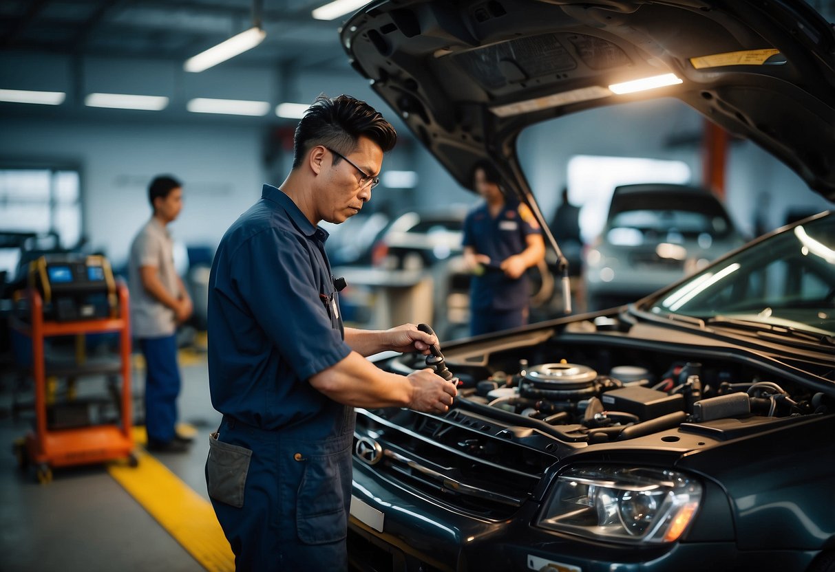 A mechanic servicing a car in a well-lit workshop, surrounded by various tools and equipment, with a computer screen displaying "Frequently Asked Questions car servicing Singapore."