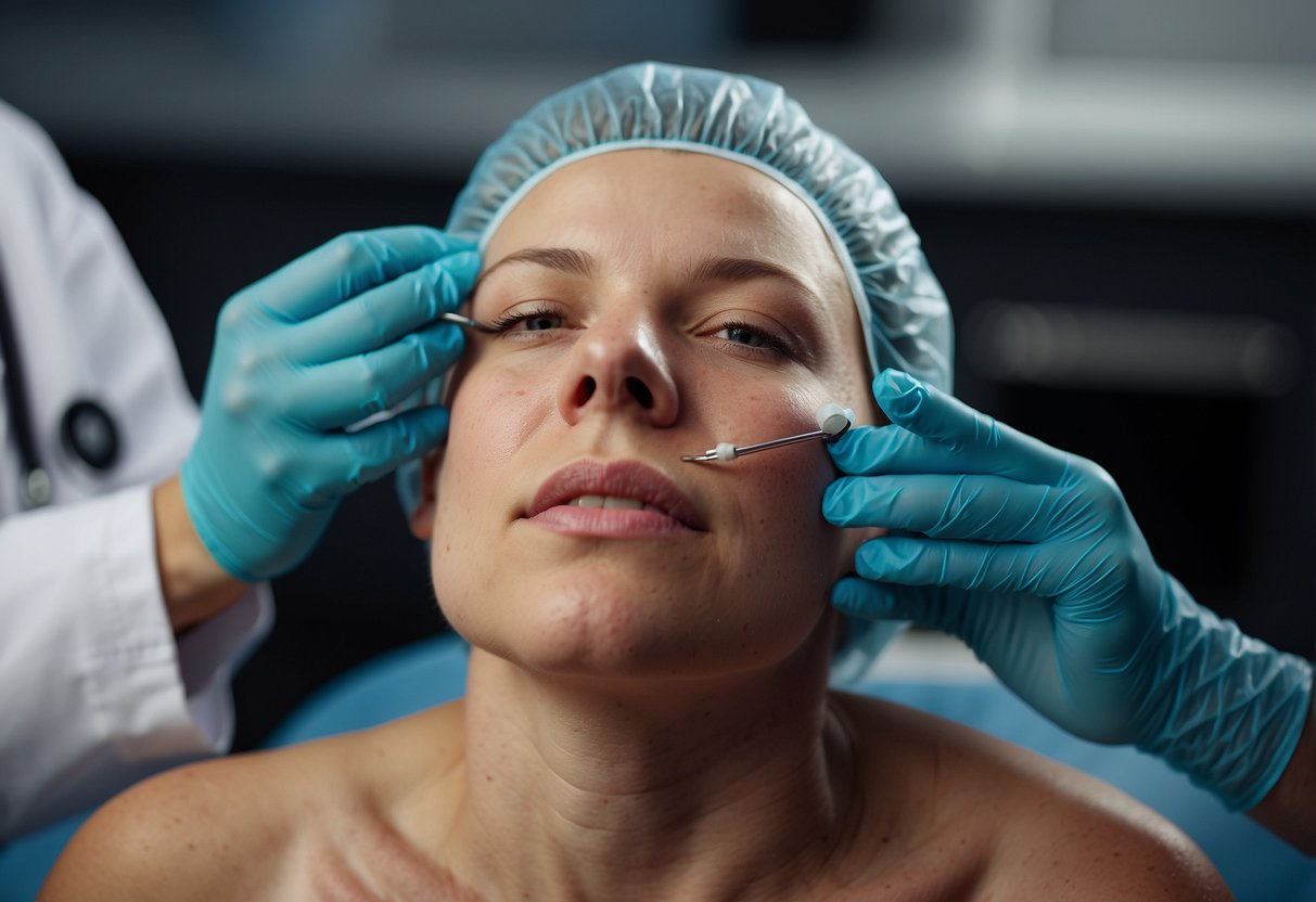 A doctor carefully removing a skin tag from a patient's neck using a small surgical tool