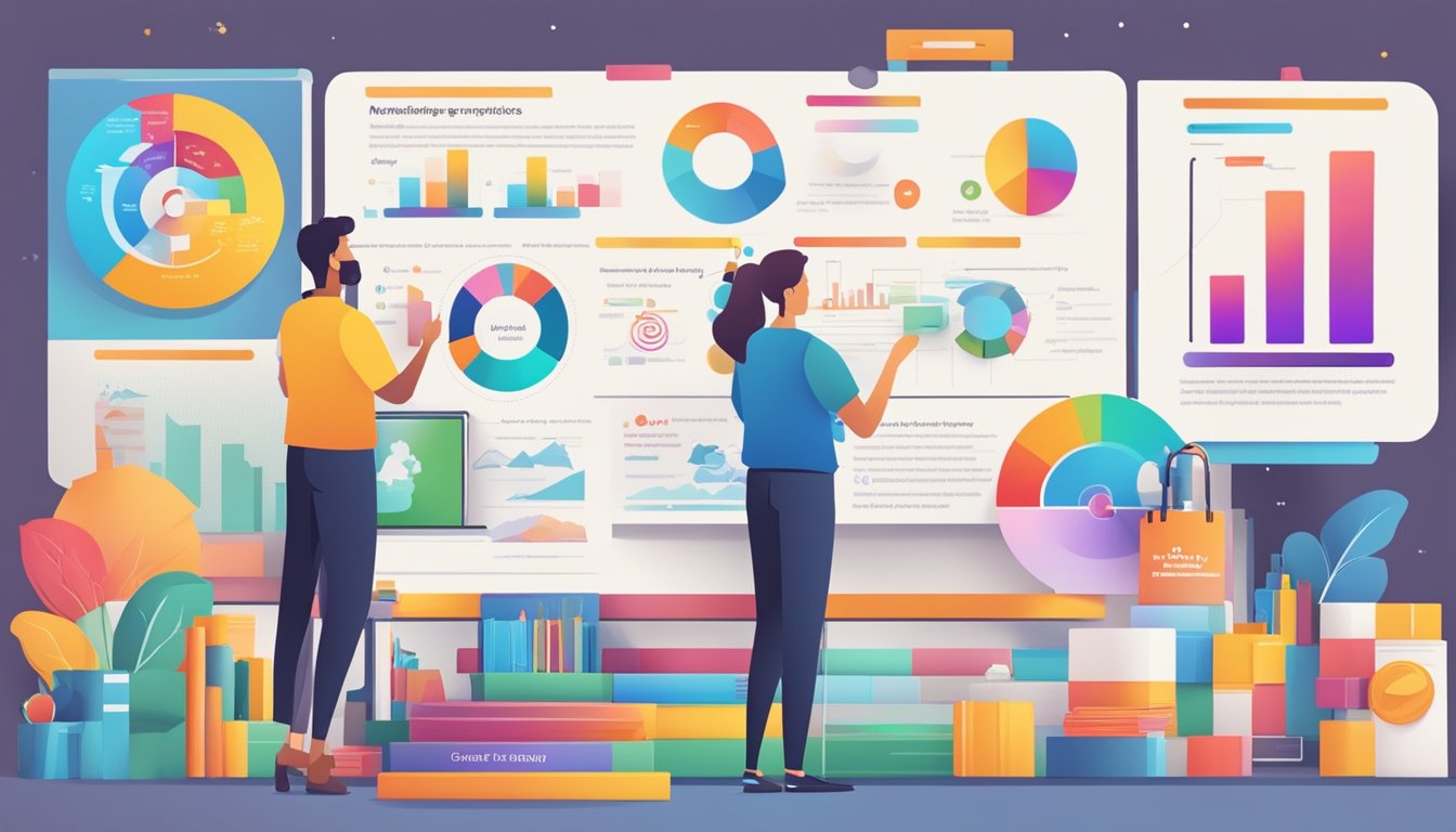 A colorful display of marketing principles in action, with vibrant graphics and engaging text, drawing attention and creating interest