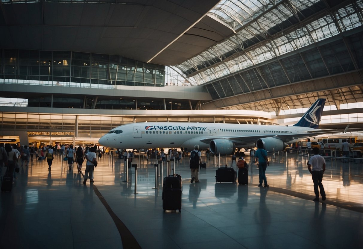 Passengers board a plane in the bustling Singapore airport, preparing for their journey to Yogyakarta. The tarmac is busy with luggage carts and fuel trucks as the aircraft awaits departure