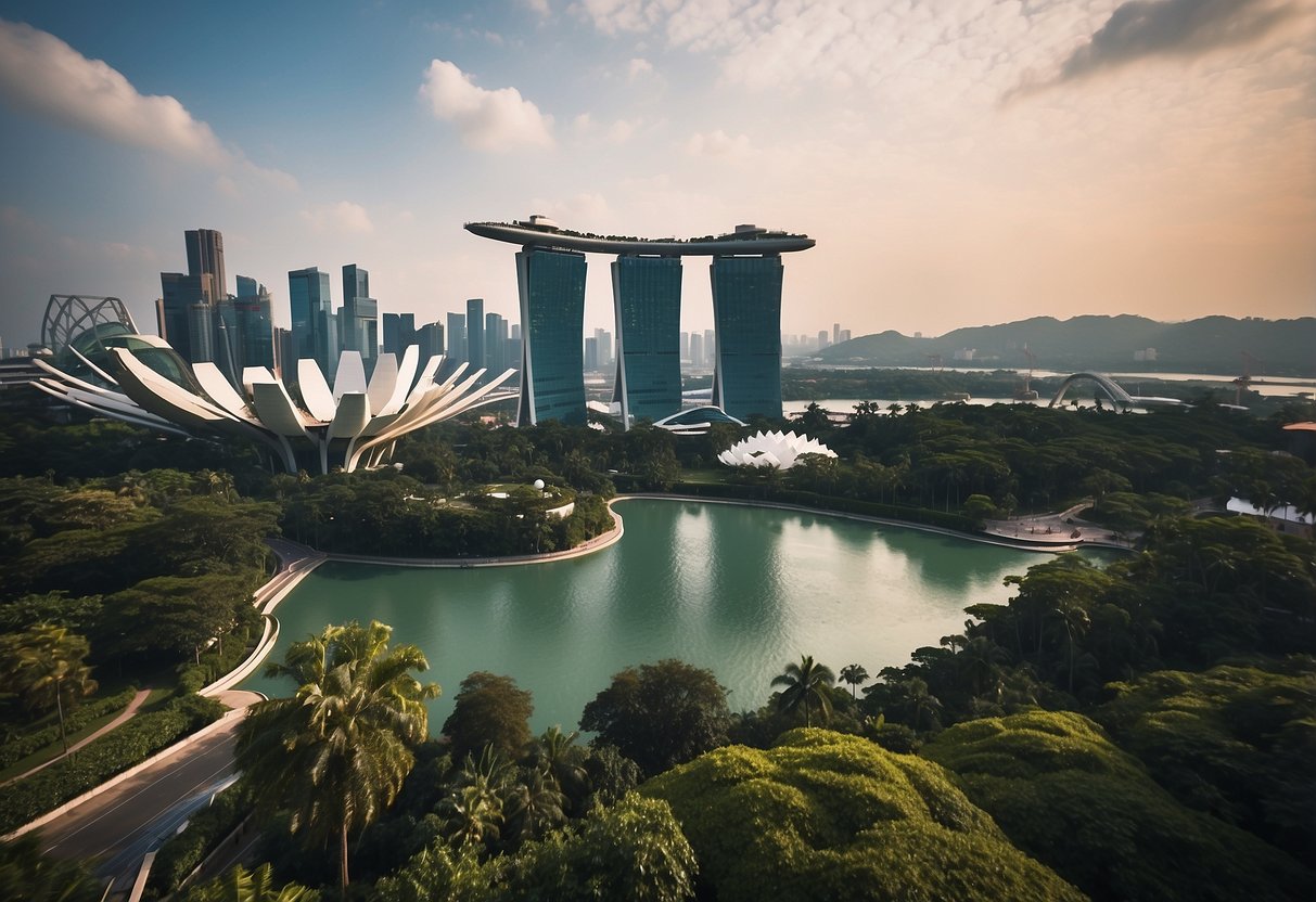 The iconic Marina Bay Sands and Gardens by the Bay stand tall against the Singapore skyline, with the Singapore Flyer rotating in the background