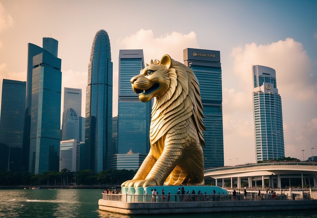 The iconic Merlion statue stands tall against the backdrop of Marina Bay Sands and the Singapore skyline. The bustling cityscape and vibrant atmosphere capture the essence of Singapore's landmarks
