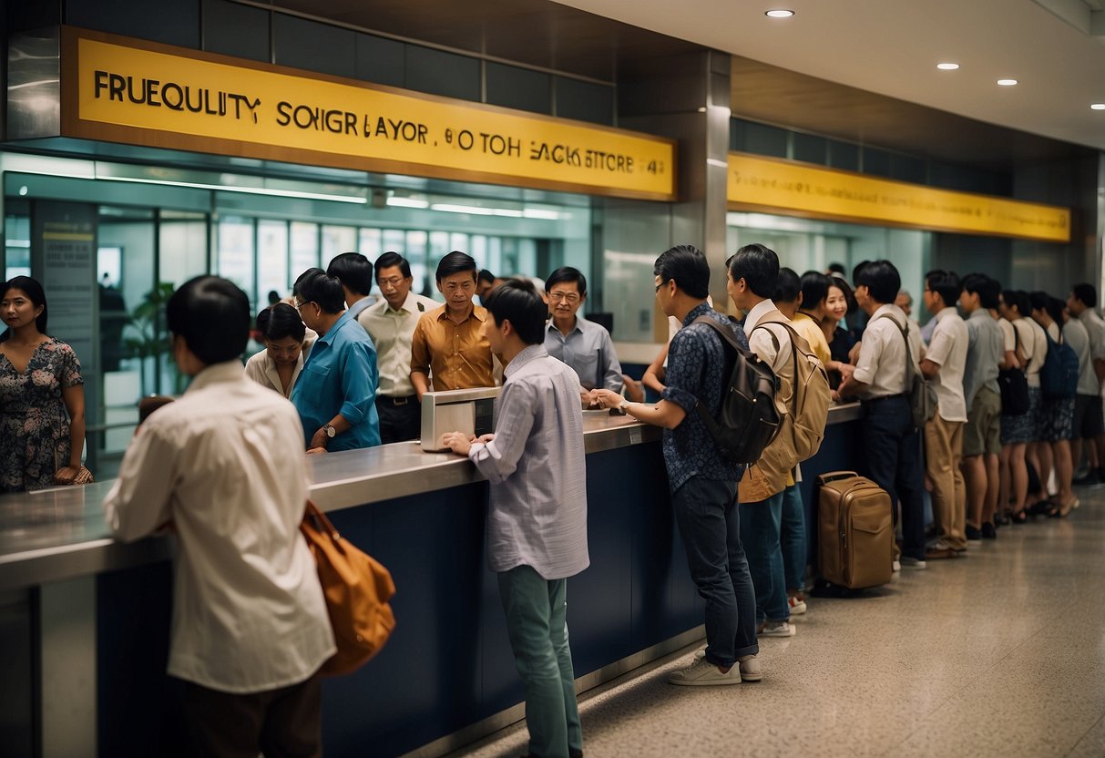 People lining up at a ticket counter, a sign in the background reads "Frequently Asked Questions: Singapore to Yogyakarta."