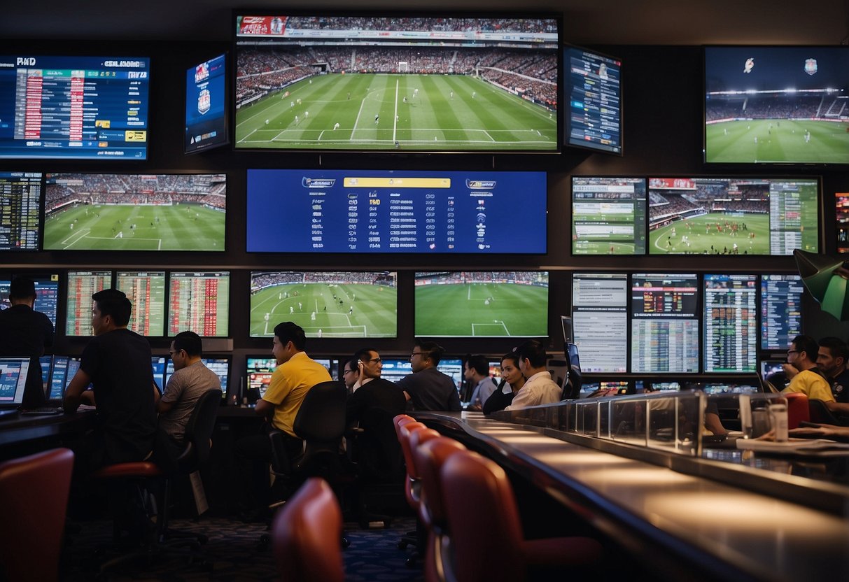 A crowded sportsbook displays live betting odds and event schedules for the English Premier League, with the Singapore Pools logo prominently featured