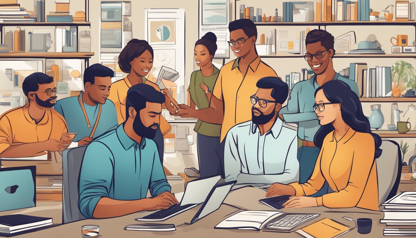 A diverse group of people engaging with various products and services, representing different demographics and interests