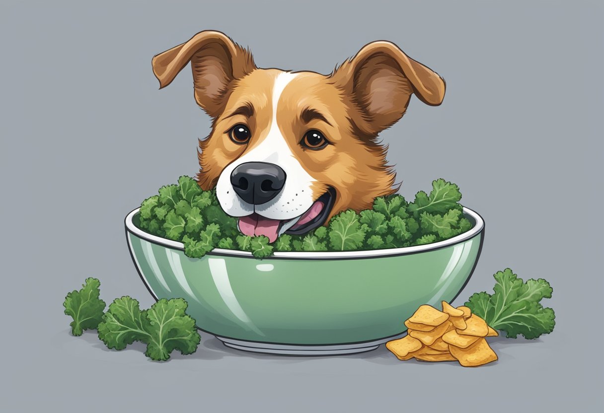 A happy dog eagerly eats kale chips from a bowl, with a wagging tail and a content expression on its face