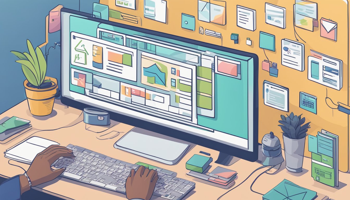 A computer screen showing various affiliate markedsføring strategies and a person typing on a keyboard to implement them