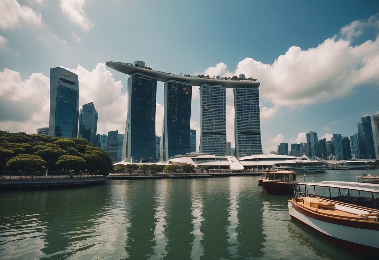 A bustling waterfront with modern skyscrapers and boats docked along the quay in Singapore