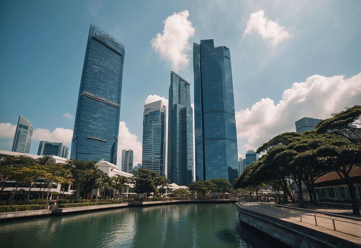 A modern skyscraper stands tall against a clear blue sky, overlooking the bustling streets of Collyer Quay in Singapore