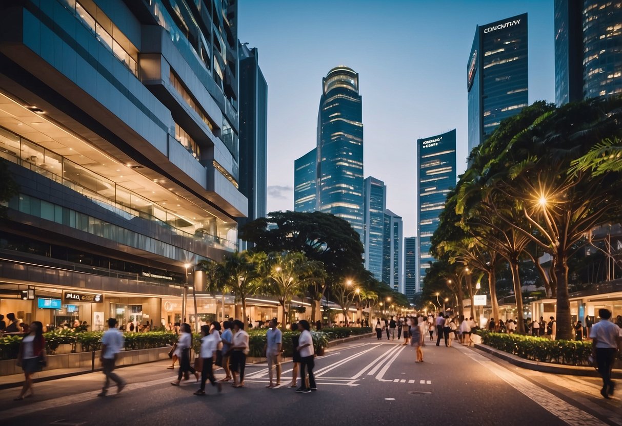 A bustling street with a prominent building labeled "Frequently Asked Questions 21 Collyer Quay Singapore." Busy pedestrians and vehicles fill the area