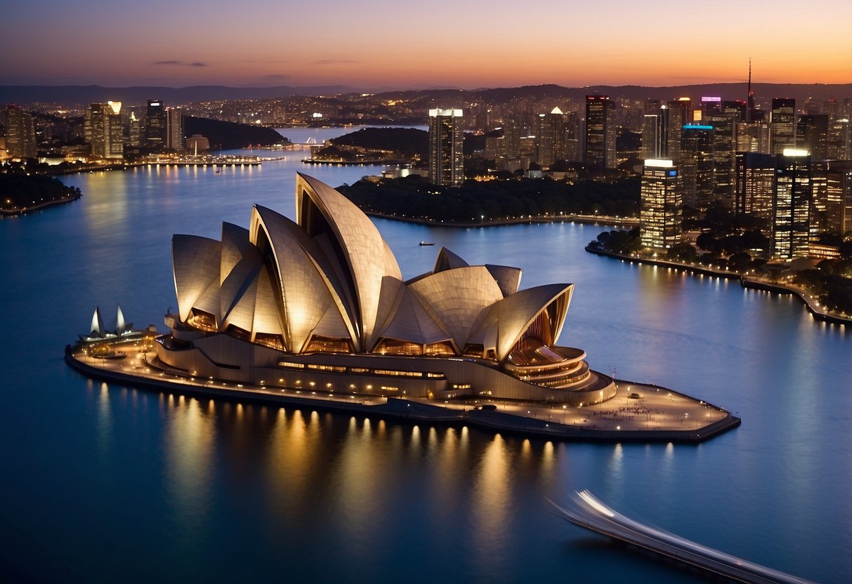 A plane flying over the Sydney Opera House with the Singapore skyline in the background