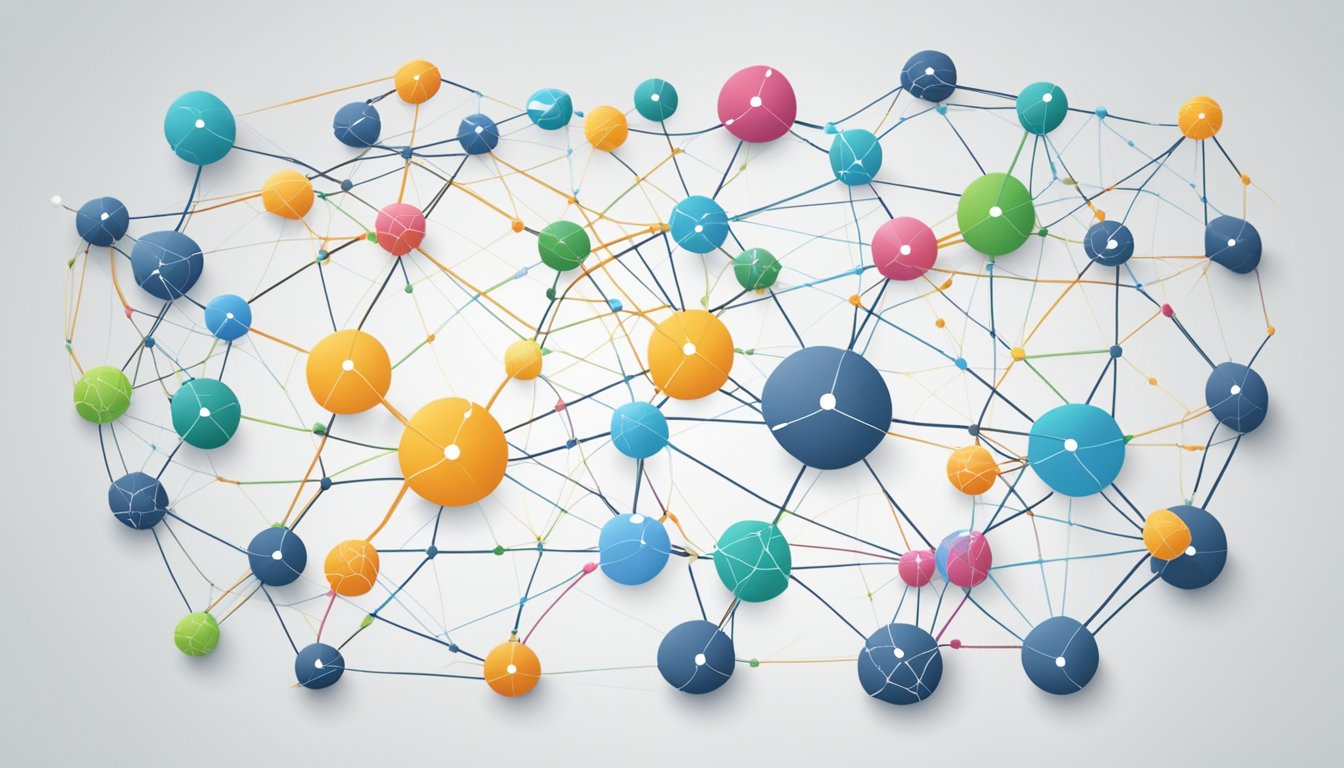 An affiliate network and programs are visually represented with interconnected lines and nodes, symbolizing the network and relationships in affiliate marketing