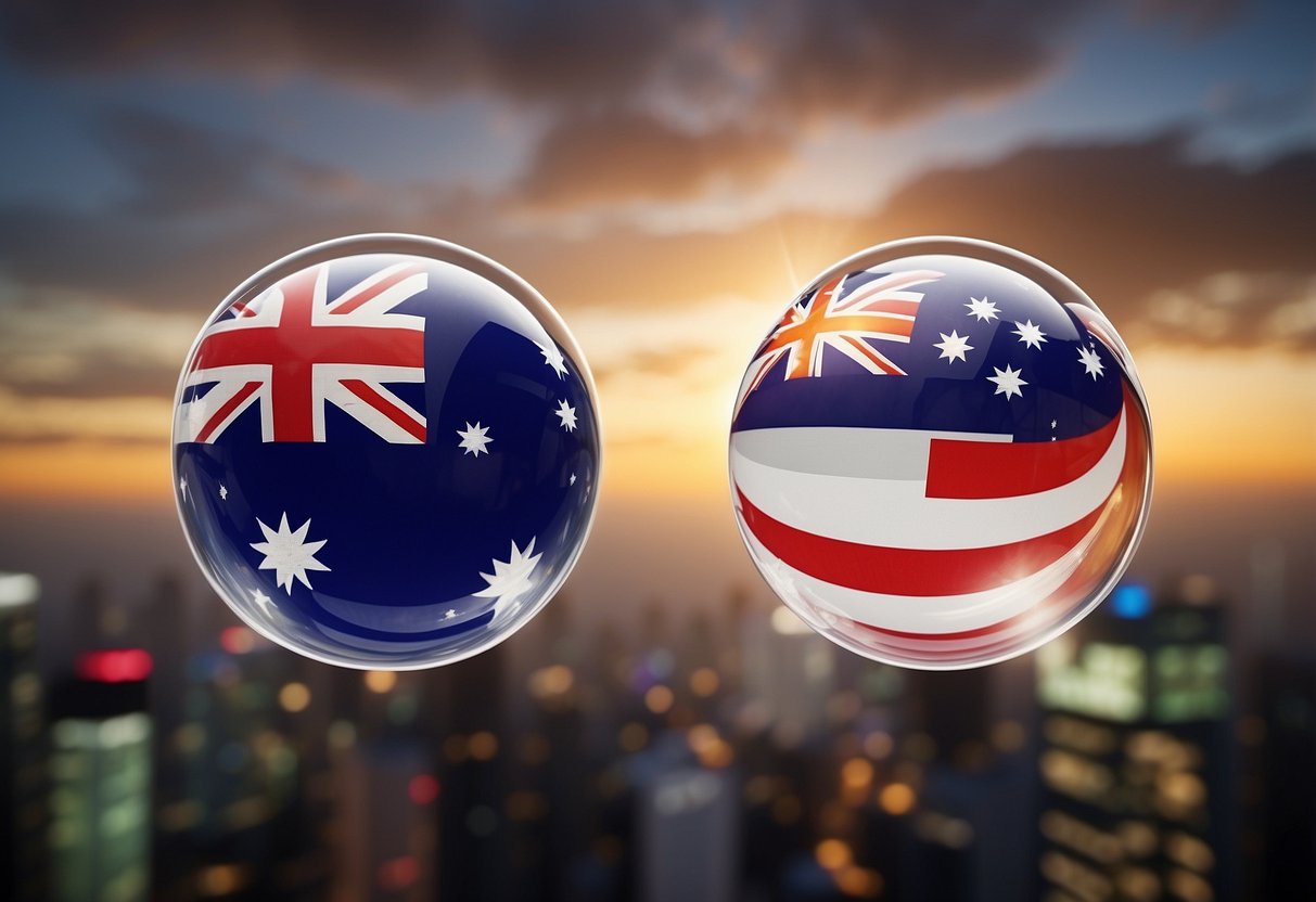 The Australian and Singapore flags fly high, surrounded by a transparent bubble, symbolizing the travel bubble agreement between the two countries