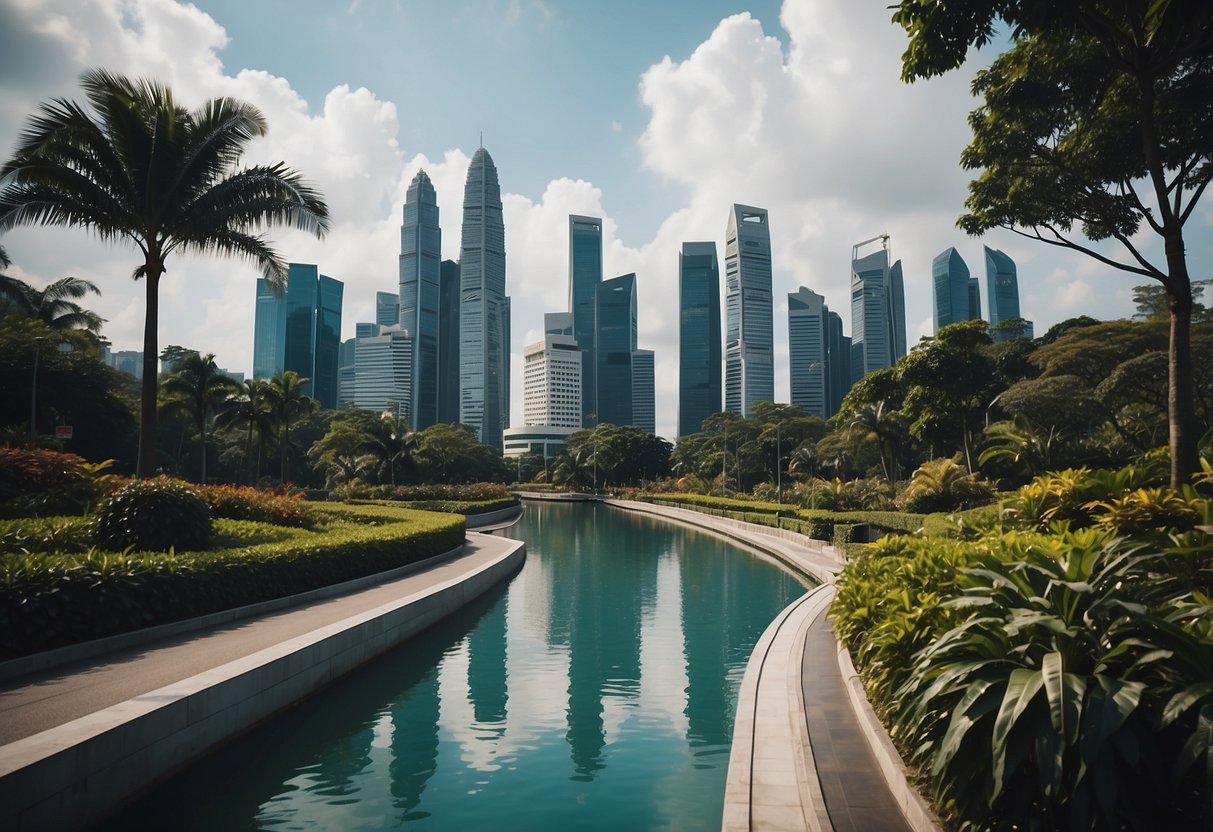 A vibrant cityscape with iconic Singapore landmarks, bustling streets, and modern architecture, with a hint of tropical greenery