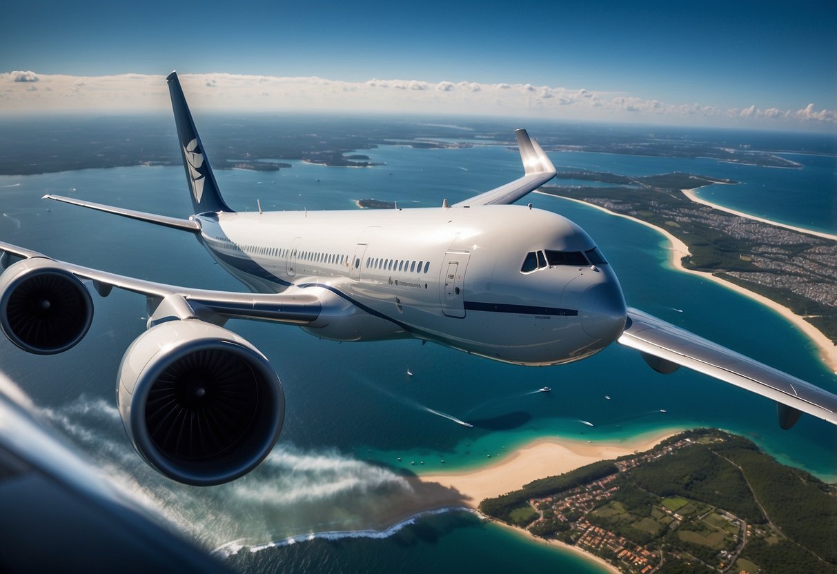 A plane flying over the ocean between Australia and Singapore, with the iconic landmarks of both countries visible in the distance