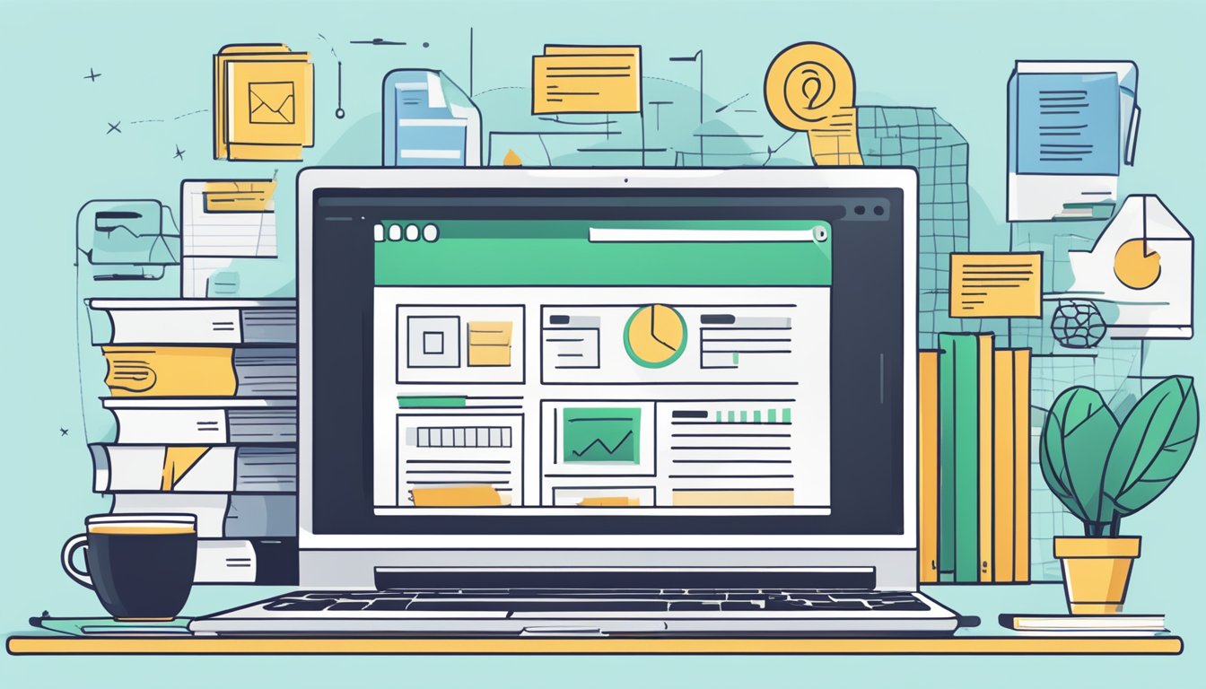 A computer screen displaying a website with affiliate marketing content, surrounded by books and notes for optimization