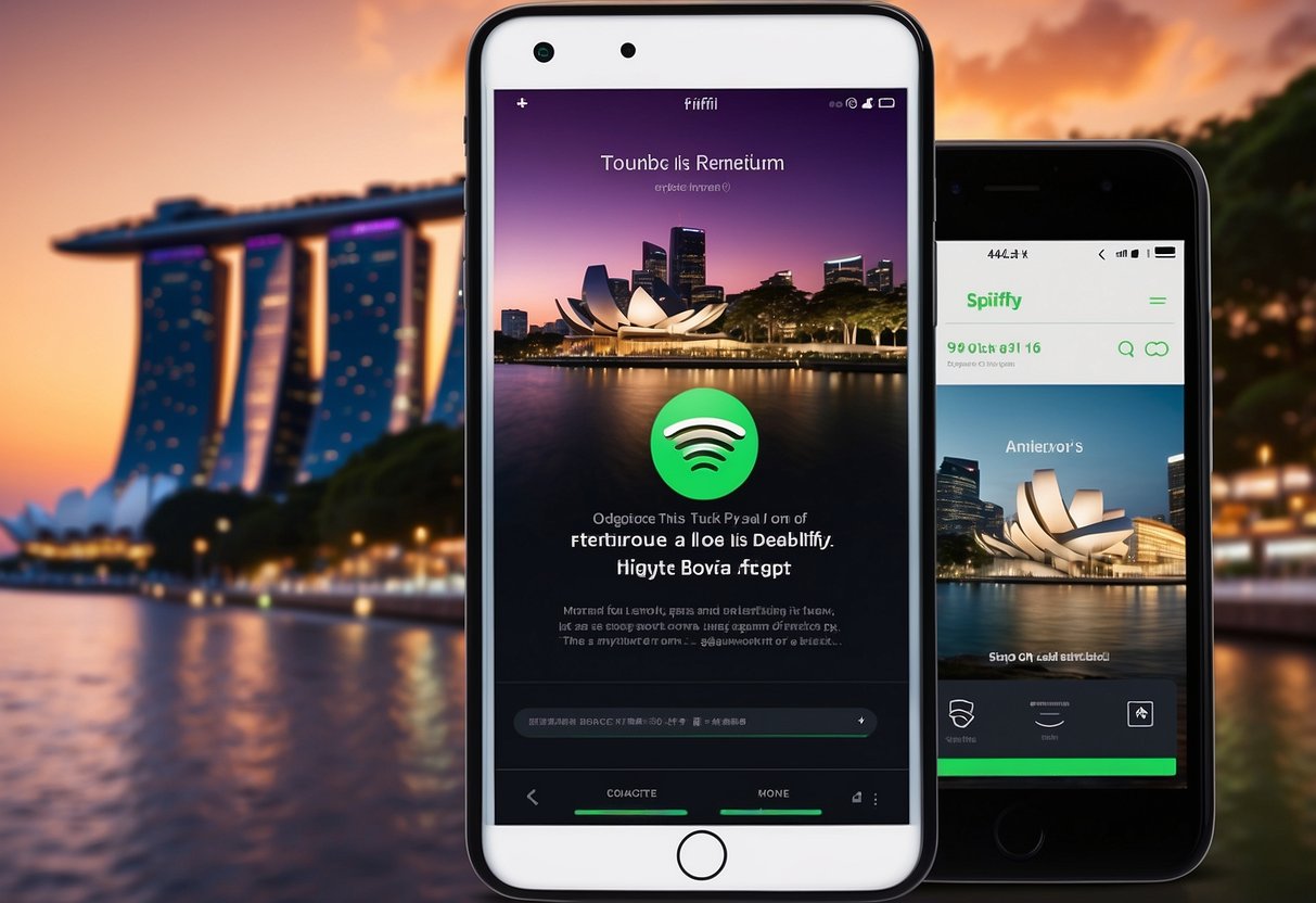 A smartphone with the Spotify app open, showing the Premium benefits page, set against the backdrop of iconic Singapore landmarks