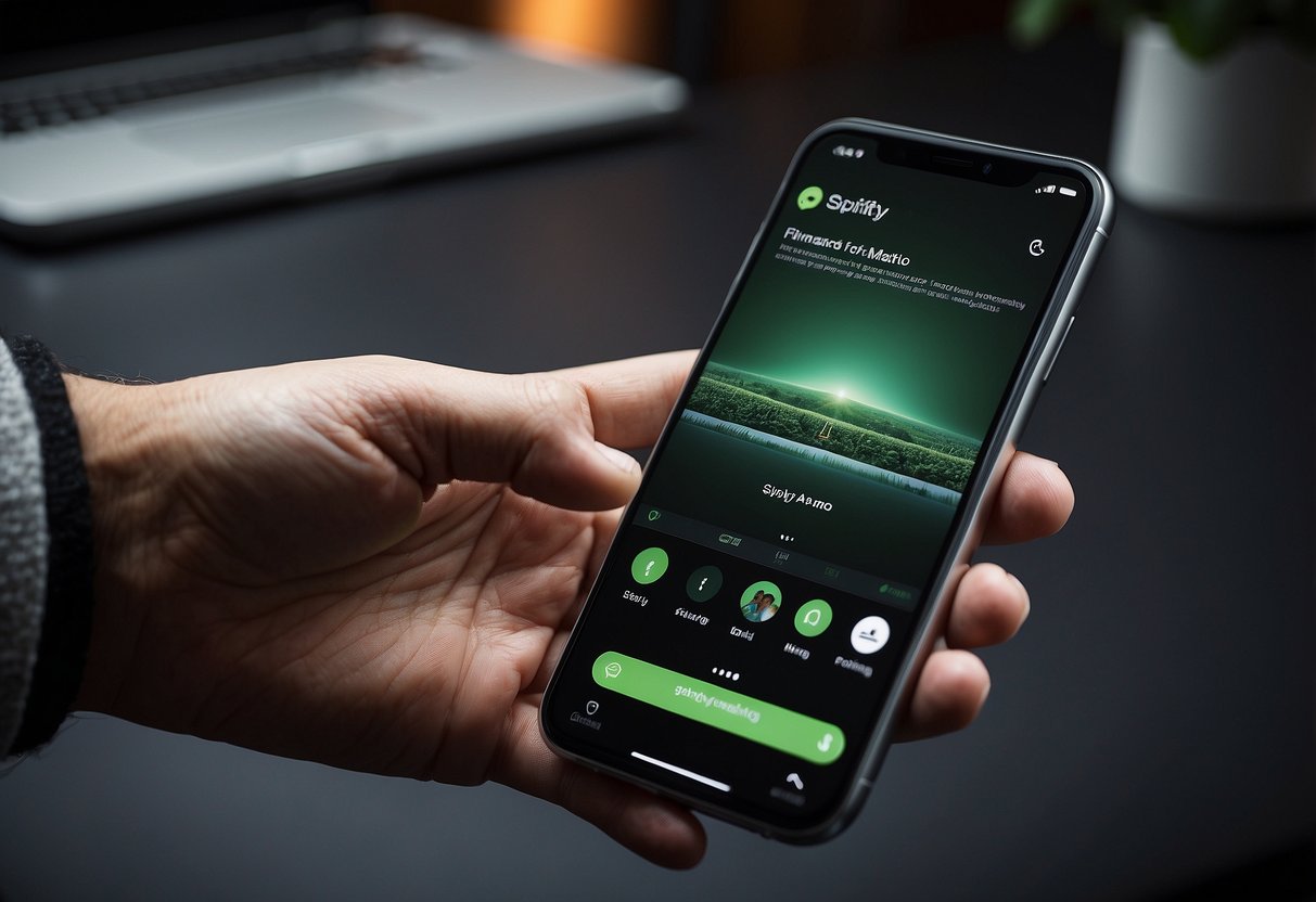 A hand holding a smartphone with Spotify open, showing various features and content, such as playlists, podcasts, and personalized recommendations