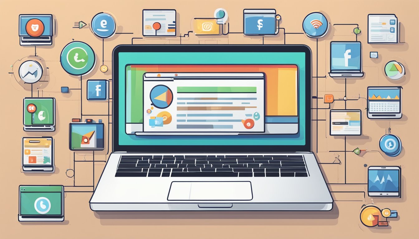 A laptop displaying various affiliate marketing strategies with icons of social media, email, and website. A chart showing growth and success in the background